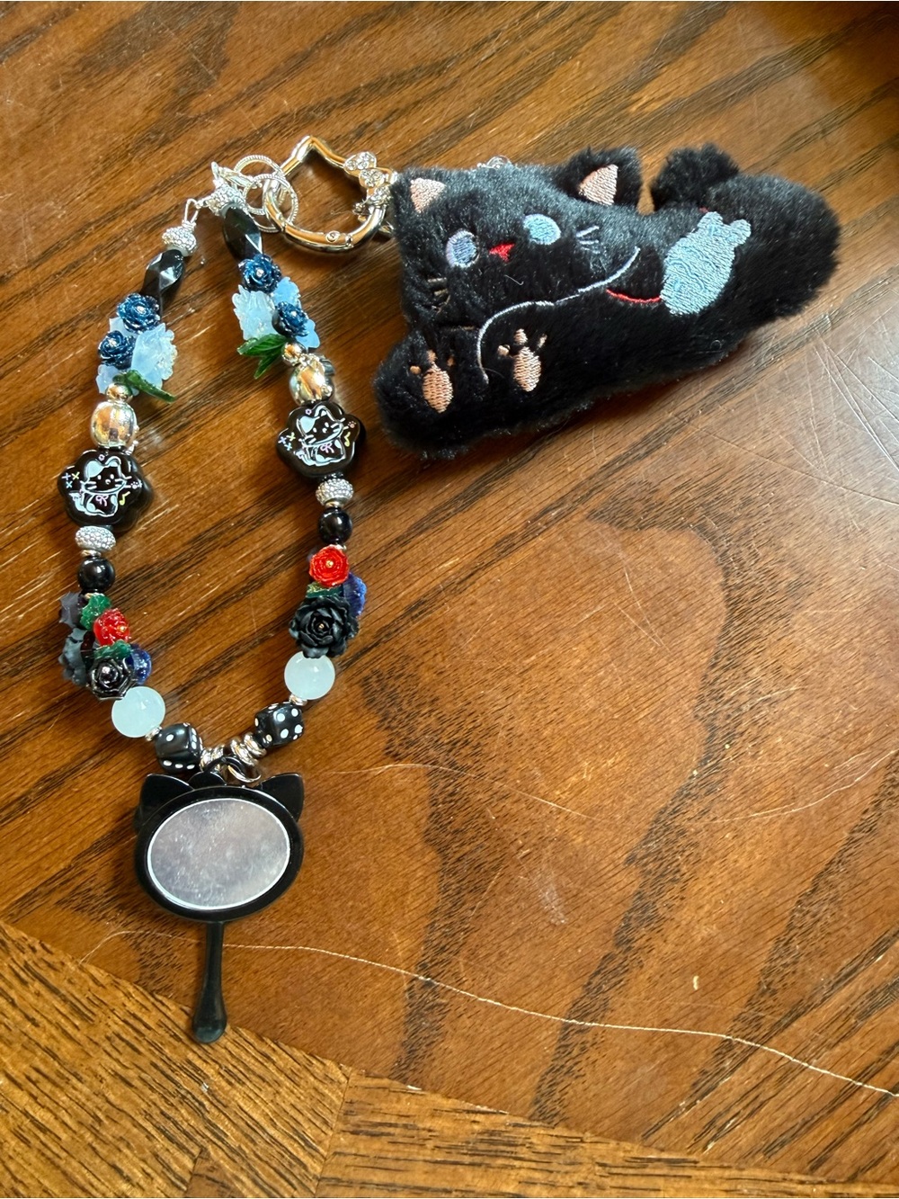 Cute Black Cat Beaded Keychain with Mini Mirror